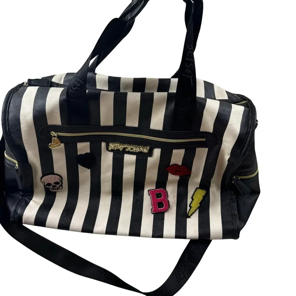 Betsey Johnson Striped Weekender Travel Duffle Bag Black White Floral Interior